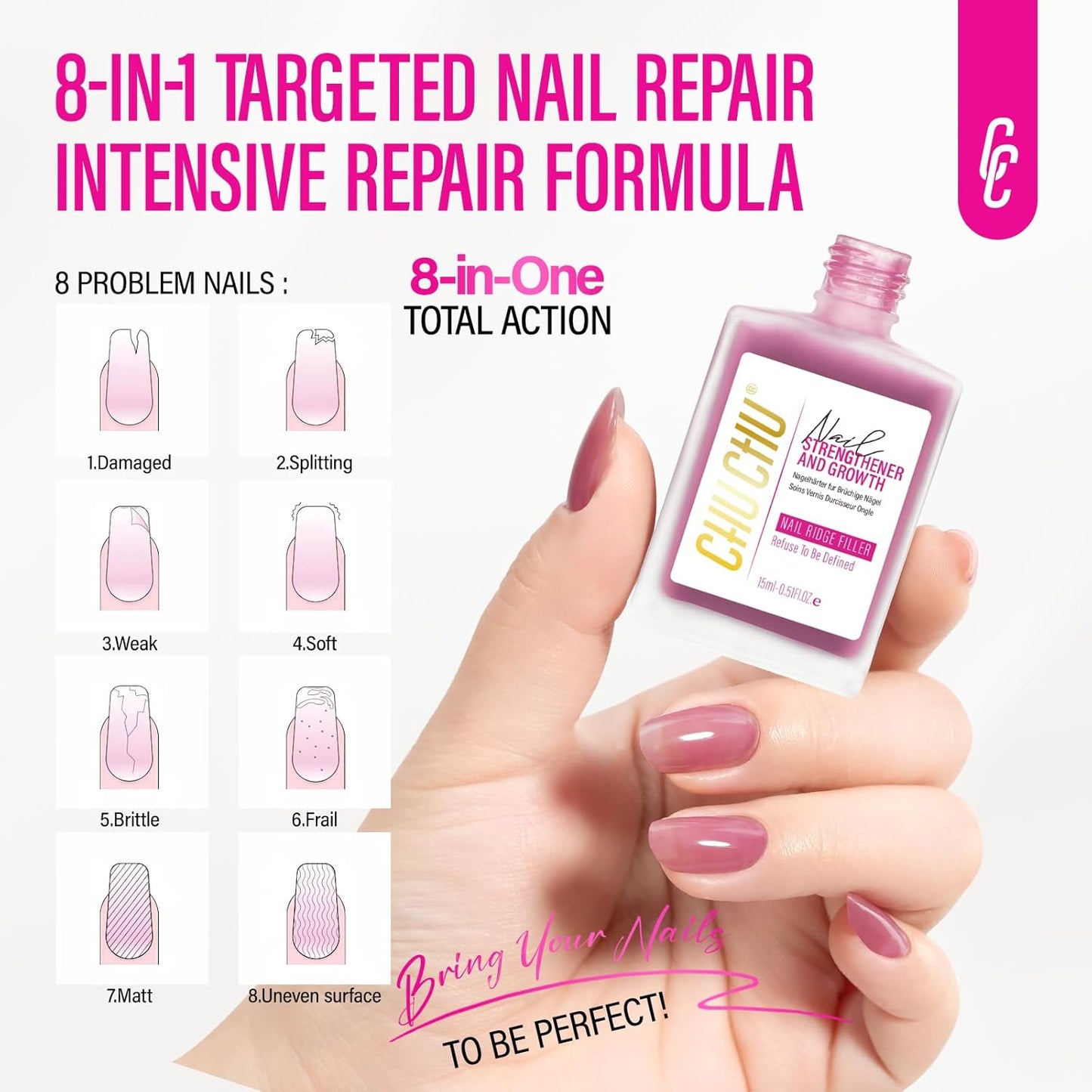 Nail Repair - 8 in 1 Dusty Rose Nail Hardener & Strengthener | Protein Ridge Filler for Weak Nails, 15ml
