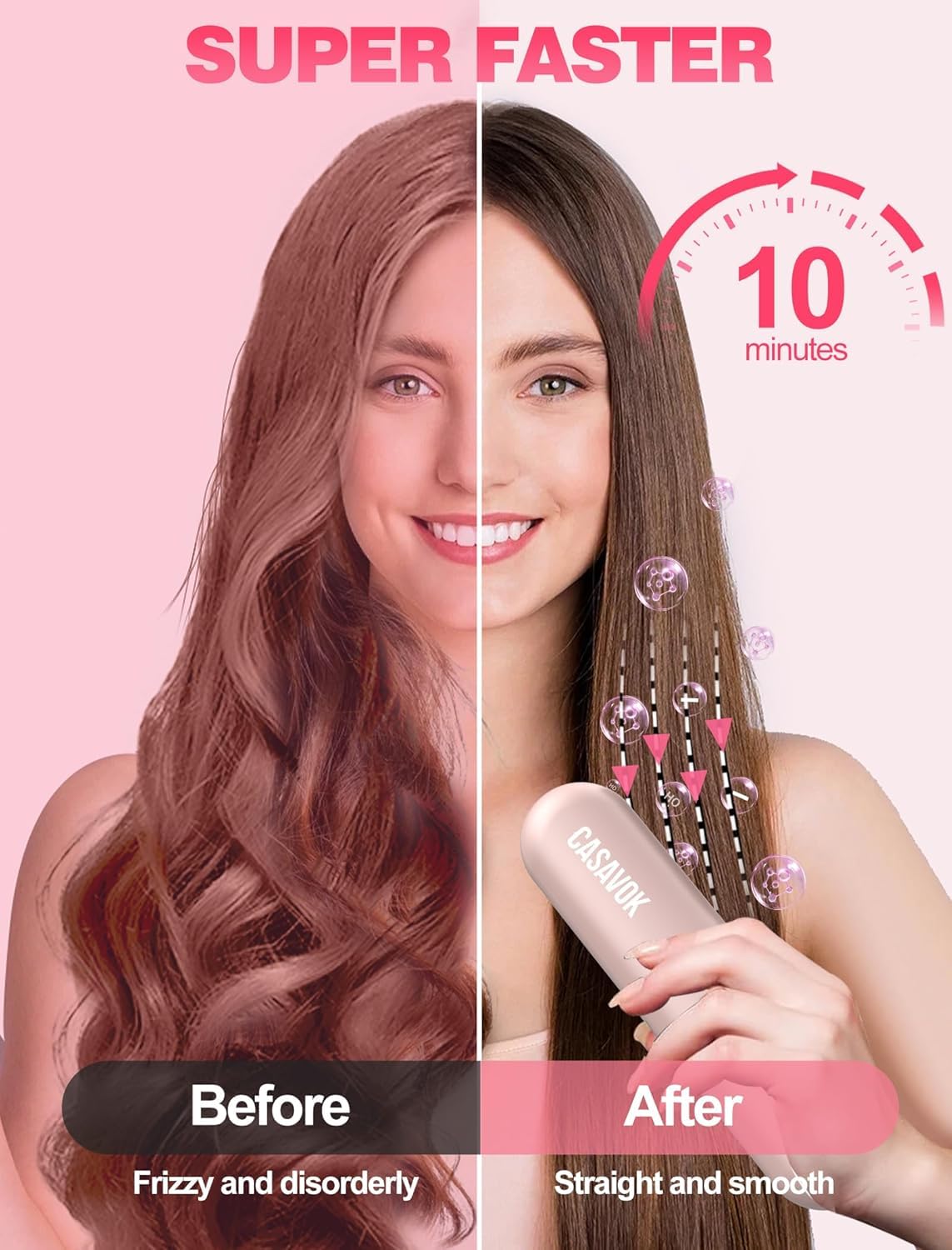 Cordless Hair Straightener Brush Go Brush Pro for Short Hair, Travel Hair Straightener with 20M Negative Ions, Rechargeable Straightening Brush, 30s Fast Heat, 12 Temp Settings, Anti-Scald, Pink