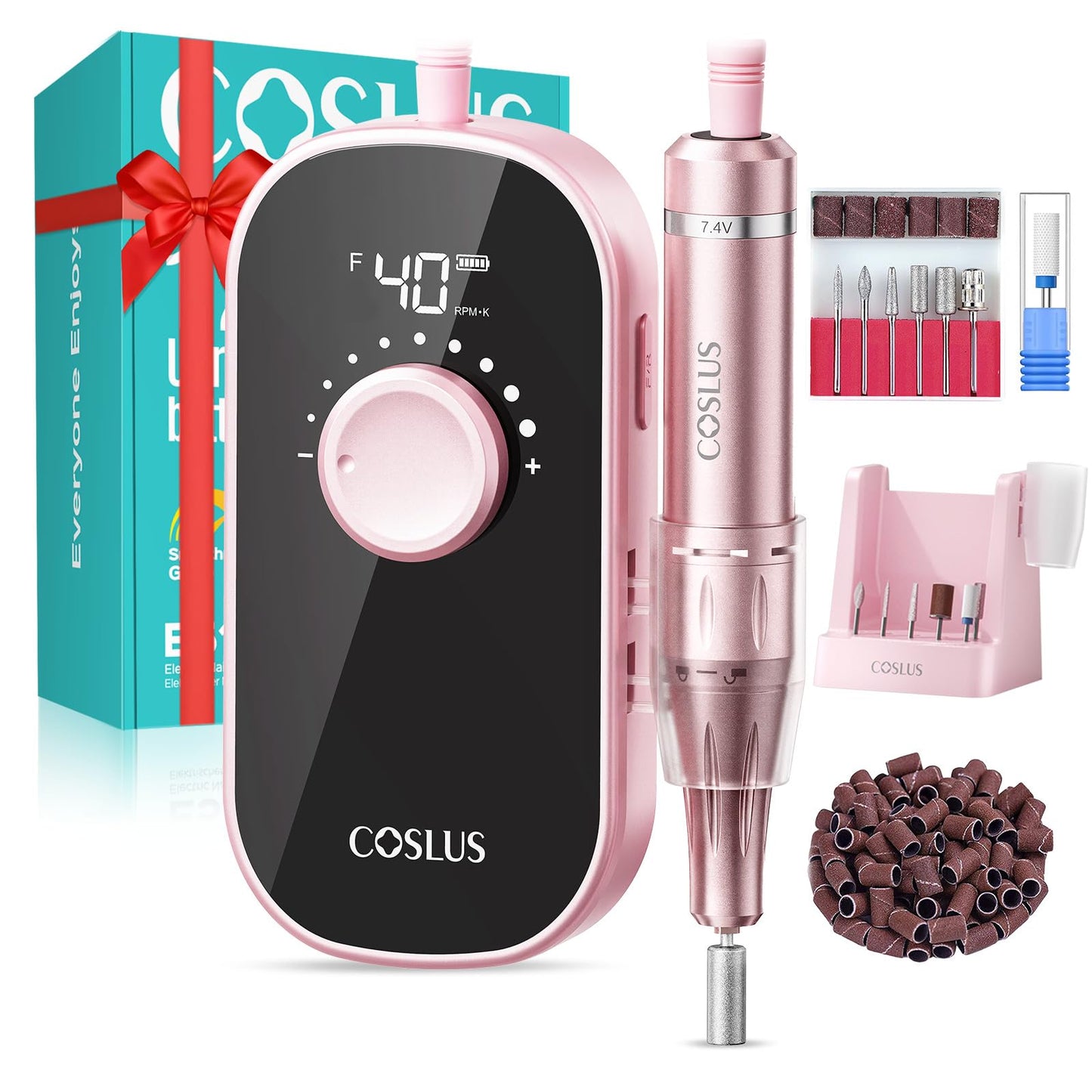 COSLUS E51 Electric Nail Drill Professional: Rechargeable Nail File with Stand for All Manicure Shaping & Gel Removal, Entry-Level Easy, 40000RPM E-File for Nail Art Practice, Home DIY and Salon, Pink