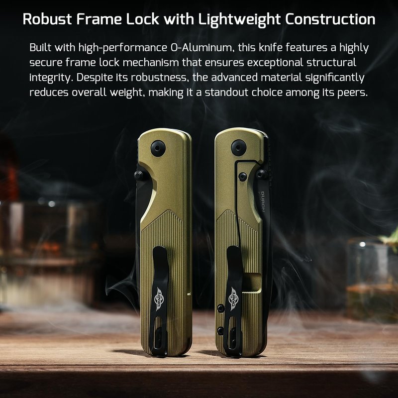 OKNIFE Duron Folding Pocket Knife, 3.5" PVD Coated Nitro-V Steel Blade, Frame Lock Lightweight O-Aluminum Ambidextrous Handle with Clip, Ideal EDC Tool for Outdoor, Camping & Survival (Olive Green)
