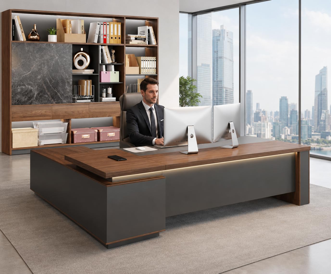 Anzhap 79" Reversible L-Shaped Executive Desk with Power Outlets & LED Lighting, Large Modern Office Desk with Drawers & Storage Shelves for Home Office, Corporate, School (79" W x 63" D x 30" H)