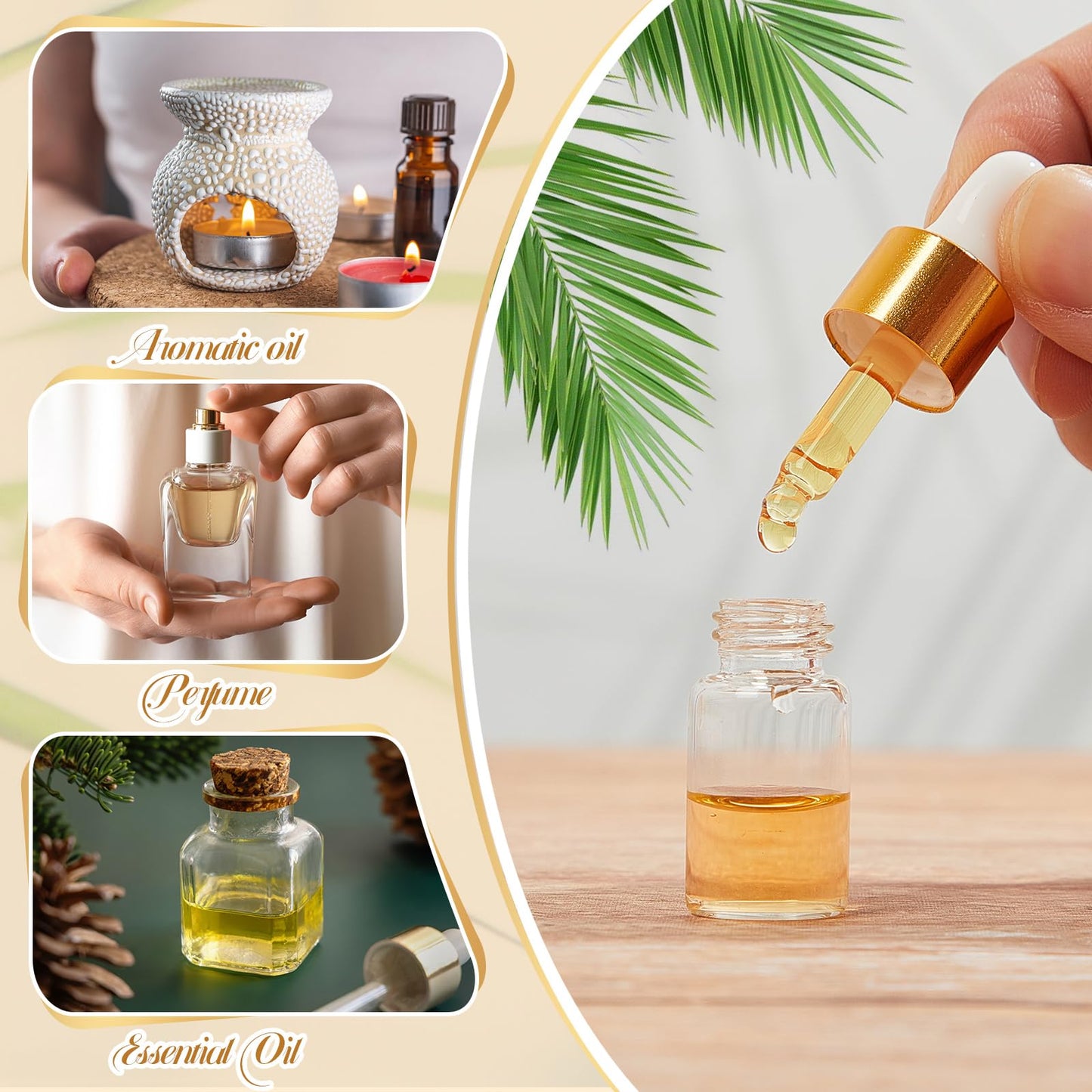 Didaey 200 Pcs 3 ml Mini Glass Oil Dropper Bottle Bulk, Clear Essential Small Empty Bottles Sample Containers Perfume Liquid Vials with Cap for Traveling (Champagne Gold)