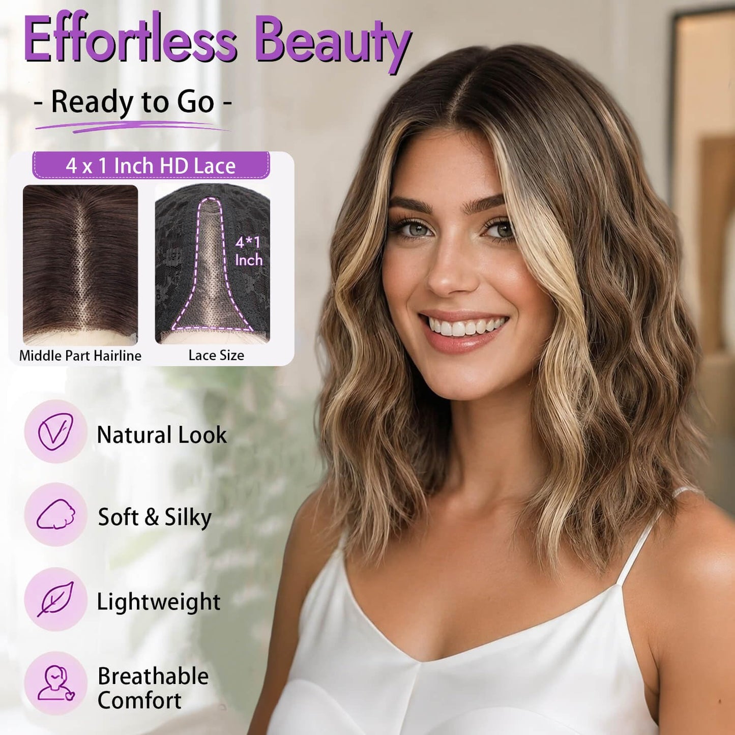 Eawwii Ombre Light Brown With Blonde Short Wavy Wig for Women Lace Hairline Bob Style Synthetic Heat Resistant - Natural Appearance for Everyday Hairstyle 14 Inch