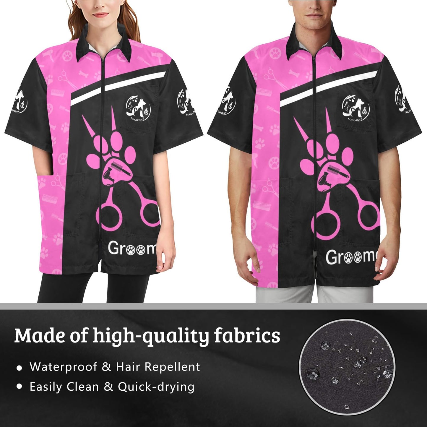 Cowcute Custom Pet Grooming Smocks for Groomer, Personalized Logo Dog Grooming Jackets Work Shirt Uniform Waterproof Workwear