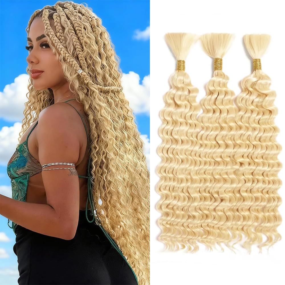 Honey Blonde Human Braiding Hair Deep Wave Bulk 30 30 30 Inch Human Hair Weave Brazilian Virgin Hair Blonde Boho Hair for Braiding 150g