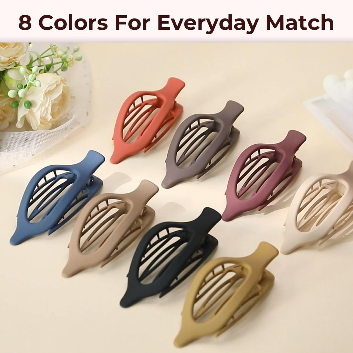 Flat Hair Clips for Women - Matte No Crease Large Claw Clips | Strong Hold Barrettes for Thick & Thin Hair - 8 Pack