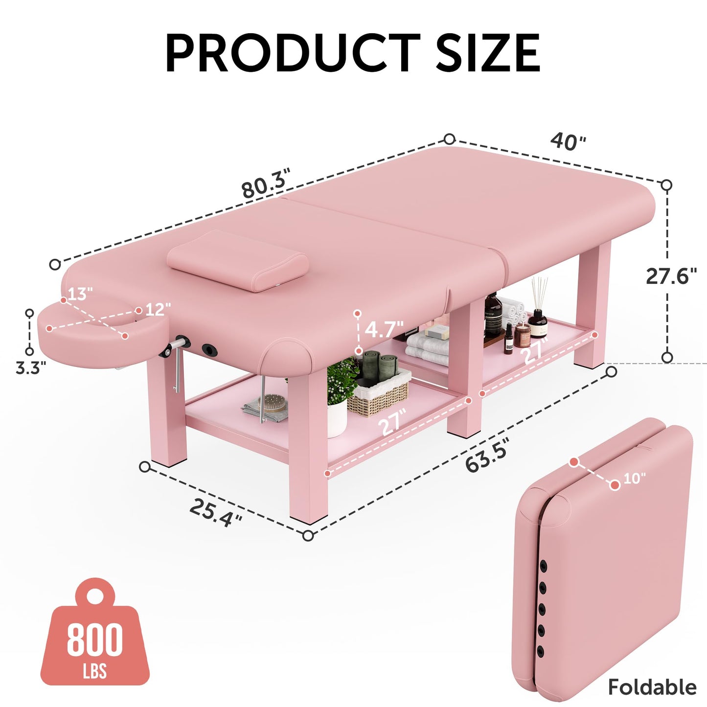 Extra Large 40in Width × 80in Length Folding Stationary Massage Table with Adjustable Backrest, Heavy-Duty Metal Frame for Spa, Physical Therapy, Tattoo, Medical Exam Use, Big-Boned Person - Pink