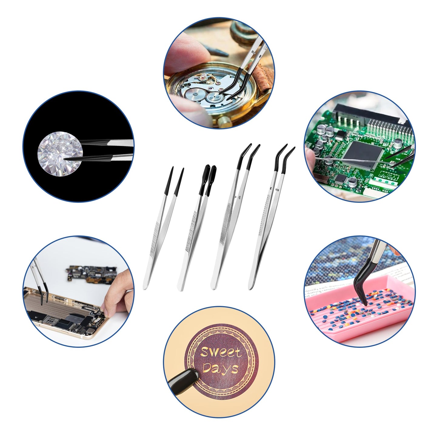 CKKAPTURE 4 Pcs Tweezers with Rubber Tips Set - PVC Coated Precision Tweezers for Crafting, Jewelry, Electronics, and Lab Work