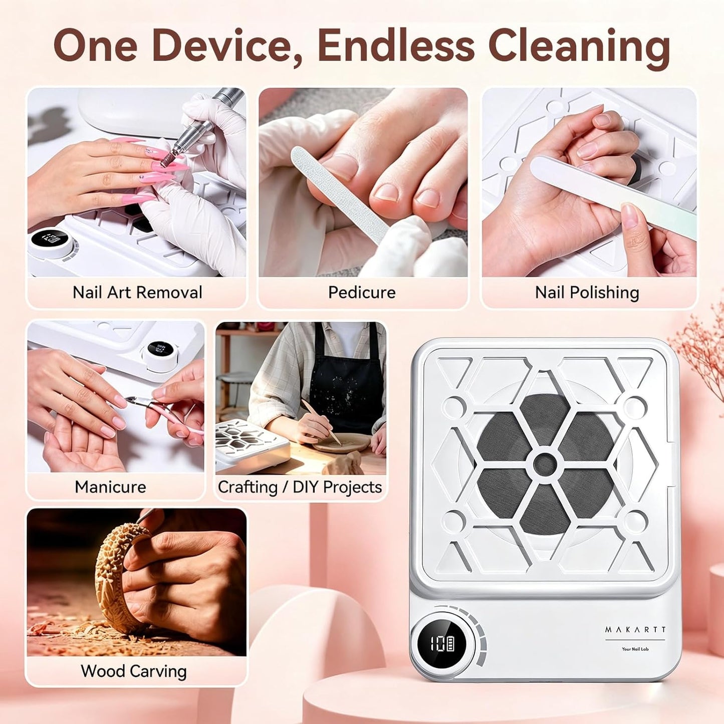 Makartt Compact Rechargeable Nail Dust Collector - 5500RPM Adjustable Speed for Quiet Manicure | Includes 10 Filters & Dust Brush, White