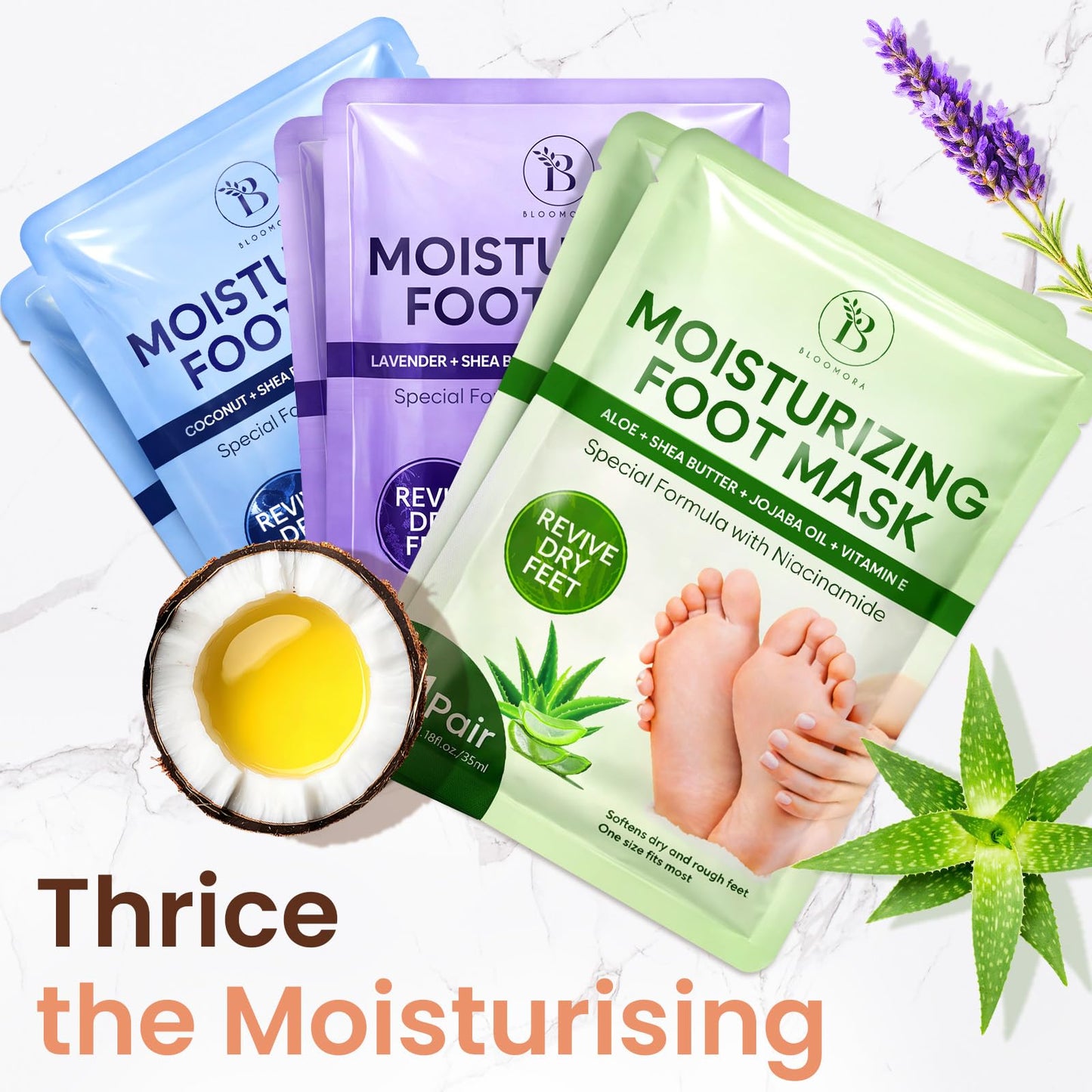 6 Pack Moisturizing Foot Mask for Dry Cracked Feet, Restoring & Hydrating Socks with Lavender, Shea Butter, Jojoba Oil & Vitamin E, Feet Mask for Women & Men Foot Care
