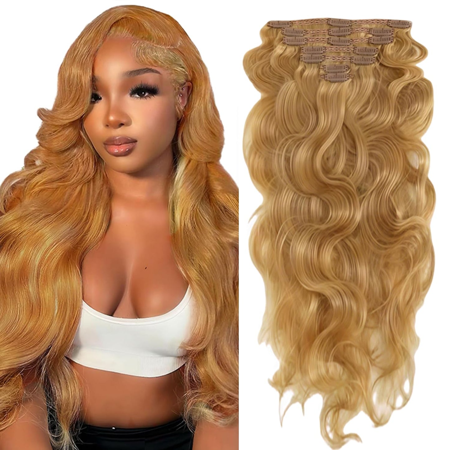#27 Blonde Clip in Hair Extensions Real Human Hair, 18 Inch 120g/7Pcs,Full Shine Remy Human Hair,Honey Blonde Long Wave Clip ins Brazilian Virgin Human Hair Extensions