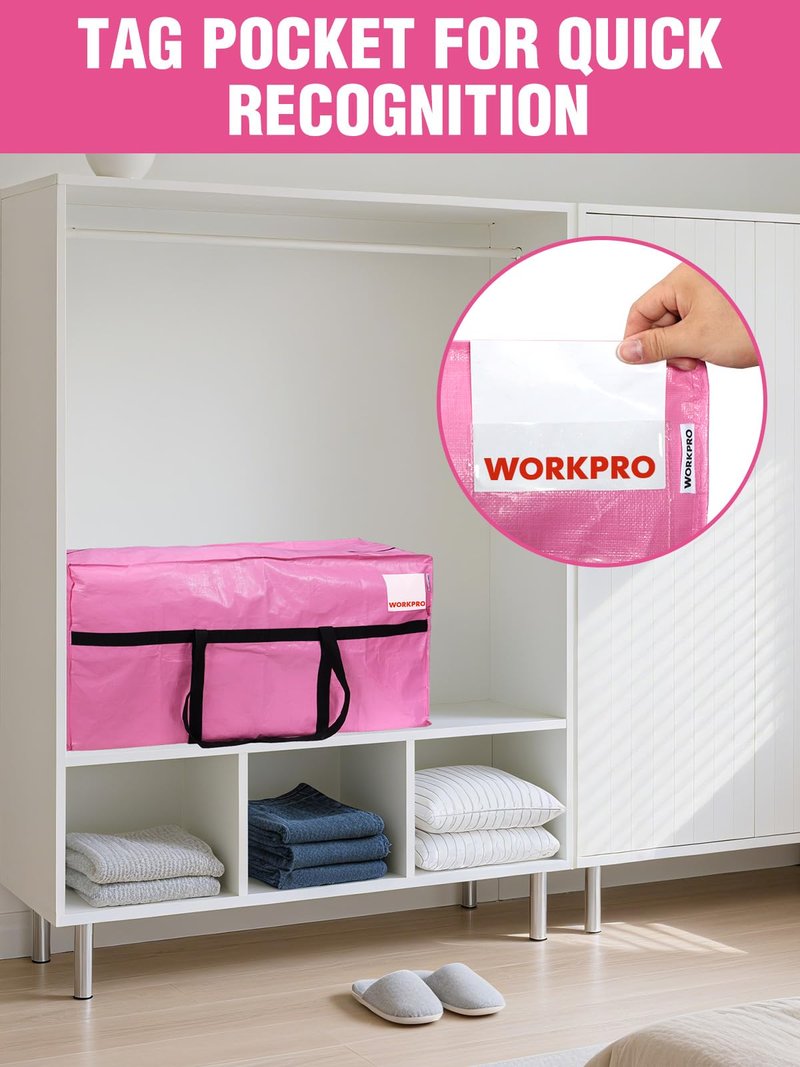 WORKPRO 1-Pack 66 Gallon Extra Large Moving Bags with Zippers & Carry Handles, Heavy-Duty Storage Totes, 45" x 16" x 22", Holds Up to 110 lbs, for Moving, Dorm Move-In & Storage Organization, Pink