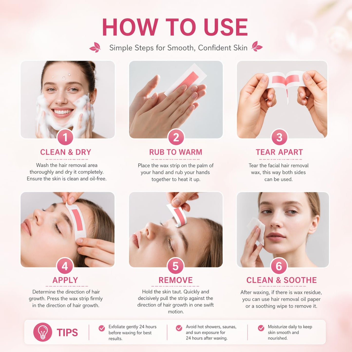 Facial Wax Strips for Women - 48 Pcs Hypoallergenic Hair Removal | Upper Lip & Eyebrow, No-Heat Waxing Kit