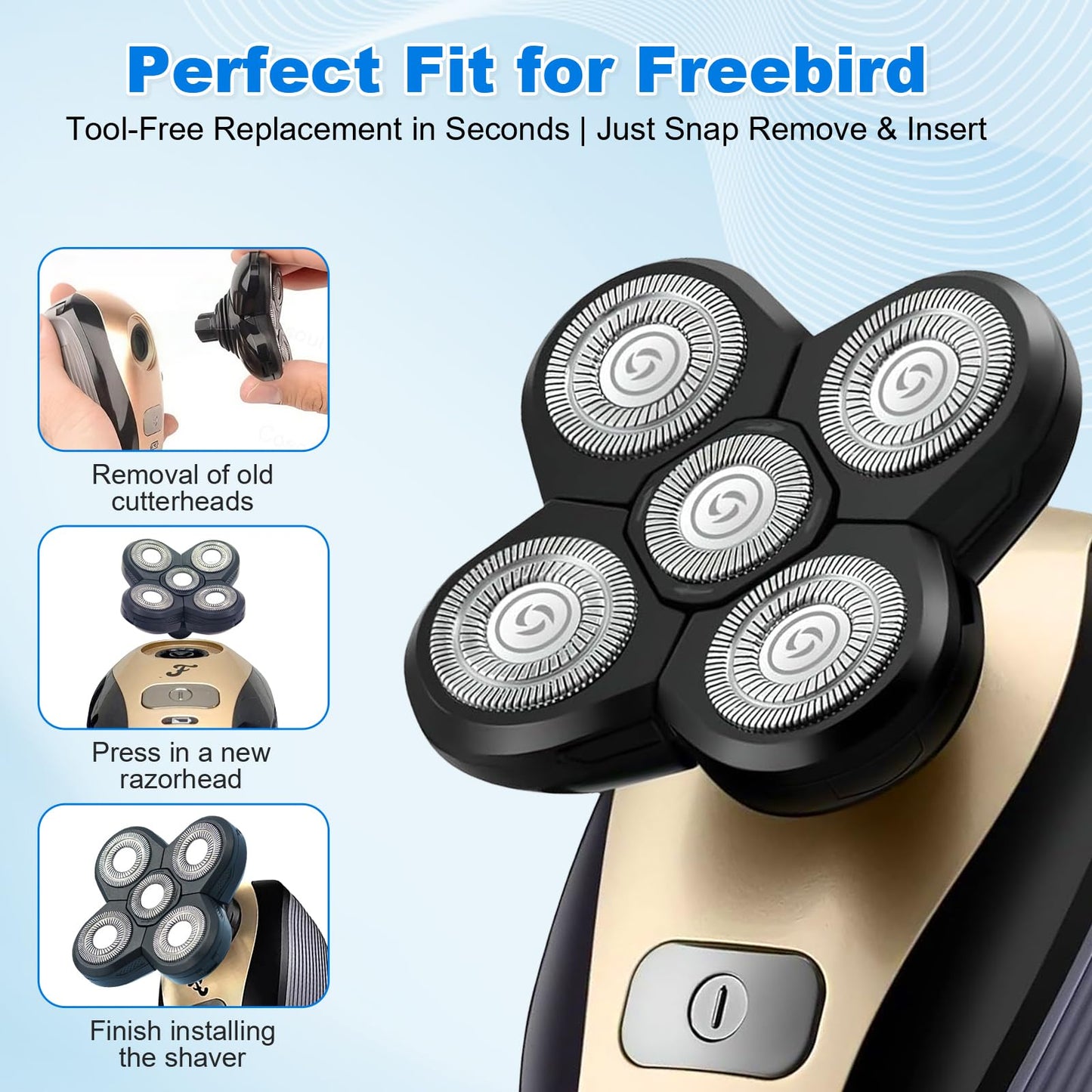 Bpbdzz 3 Pack Replacement Blades for Freebird Head Shaver, 5-Blade Electric Razor Refills Compatible with Freebird Flex Series for Bald Men