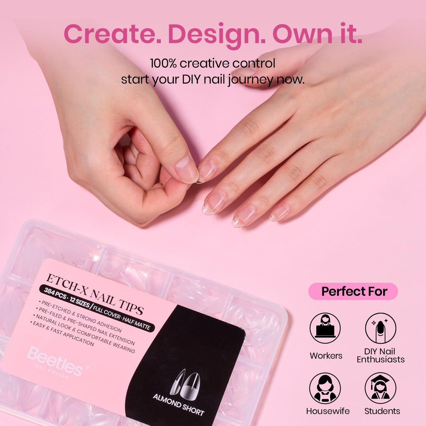 Beetles Gel Nail Tips Etch-X- Almond Short, 384pcs 12 Sizes, Pre-Etched Half Matte Full Cover Soft Gel Nail Tips, Press on False Nail Extension Acrylic Fake Nails, Easy DIY Salon Art