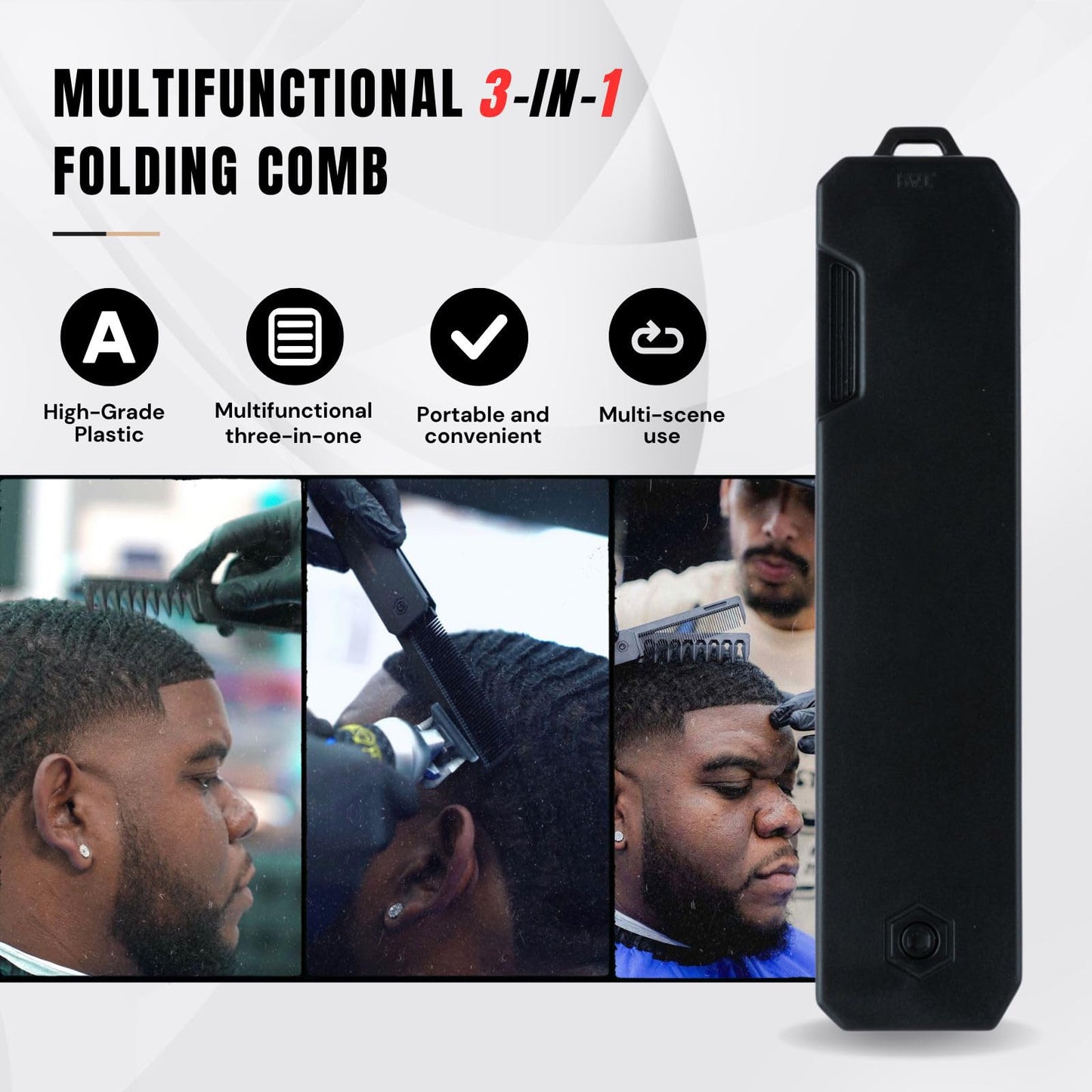 Protable Folding Pocket Comb for Men, 3 in 1 Hair Comb - Fine Tooth & Wide Tooth Comb, for Everyday Grooming & Combing Hair, Beards and Mustaches (Black)