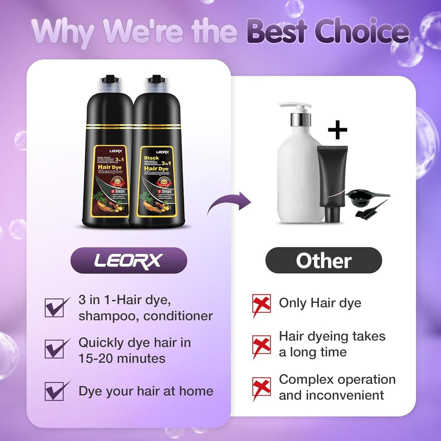 leorx Hair Dye shampoo 3 In 1, Dark Wine Red Instant Herbal Hair Color Shampoo Cover Gray Hair For Women&Men - Color Your Hair with Ease - Tintes Para El Cabello Profesional