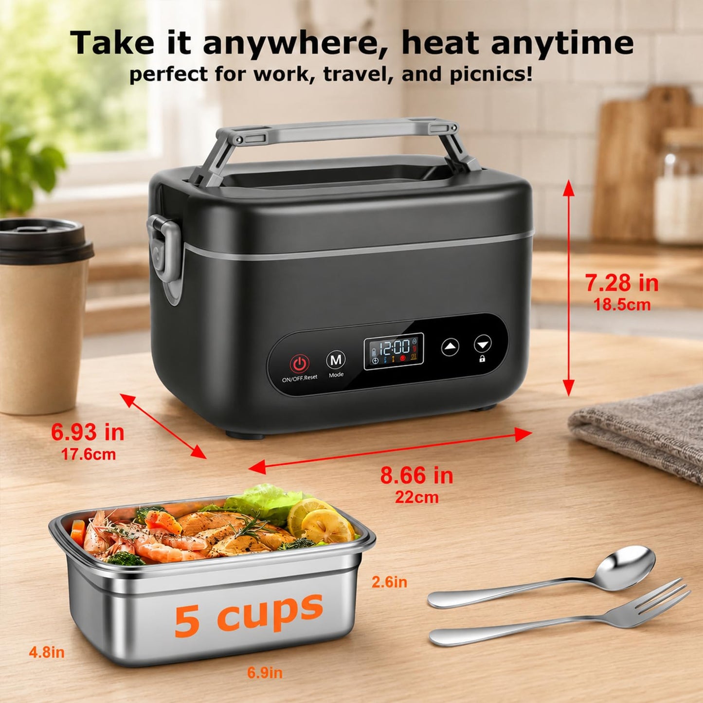 Electric Lunch Box for Men, 1.2L Cordless Heated Lunch Box, 24000mAh Rechargeable Portable Food Warmer with Auto Temperature Control, 5-Sided Heating, Leakproof, for Office, Outdoors & Truck, Black