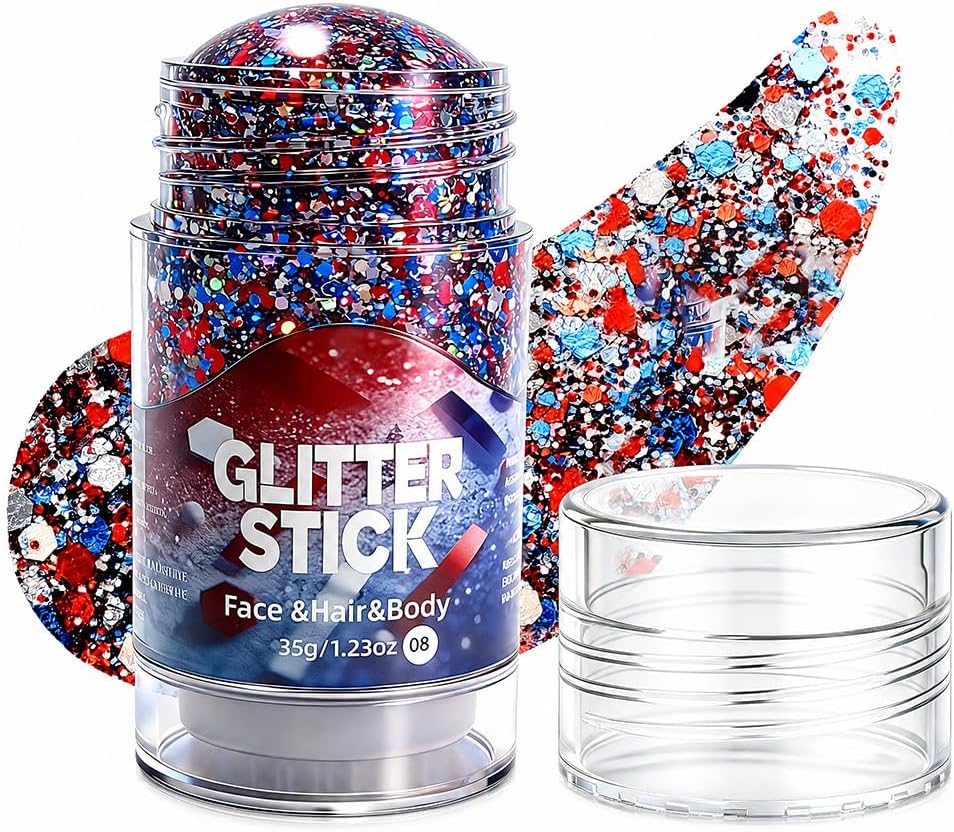 Red White Blue Glitter Stick - Patriotic Face & Body Makeup for 4th of July | Festival Party Accessory (Silver-Gray)