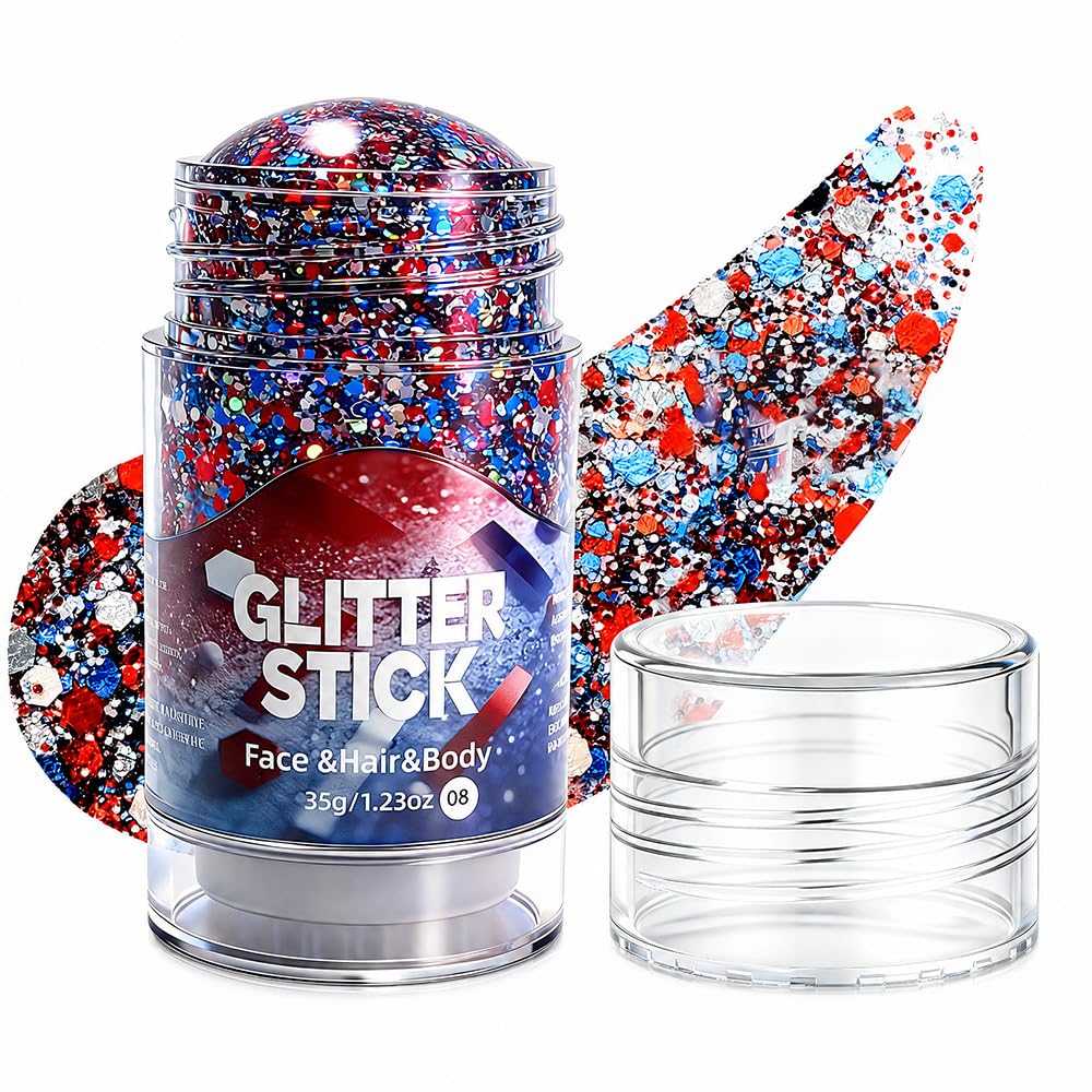4th of July Glitter Stick - Red, White & Blue Body & Hair Sparkle for Women, Red White and Blue Accessories for Independence Day Patriotic Memorial Day Waterproof Chunky Glitter Makeup (Red White)