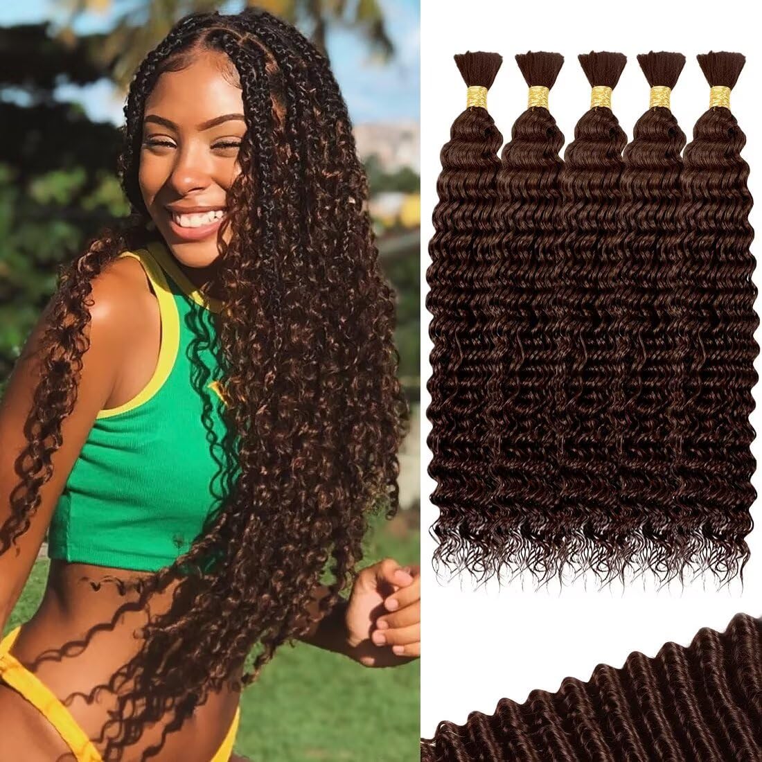 Human Braiding Hair - Deep Water Wave 16 Inch Curly Extensions | 5 Bundles P4/27 for Boho Braids