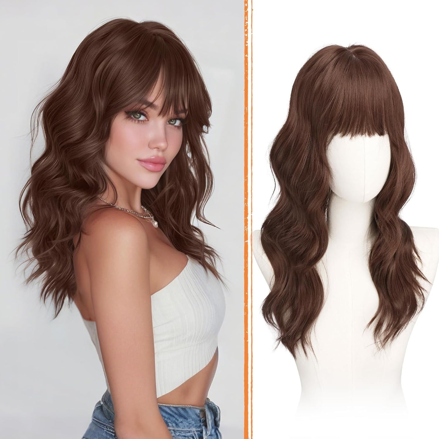 Brown Wigs with Bangs - 20 Inch Soft Wavy Synthetic Heat Resistant Hair Wig for Women | Blonde Mixed Brown