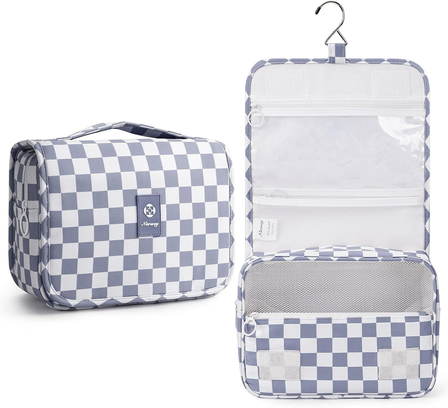 Narwey Small Hanging Travel Toiletry Bag - Checkered Makeup Organizer for Women | Grayish Blue Checkerboard
