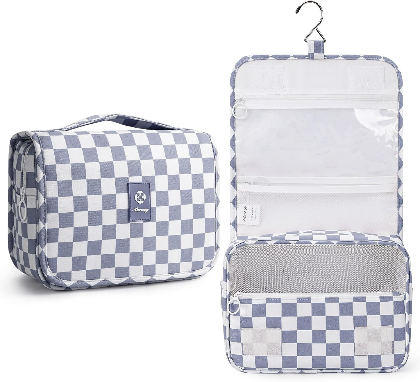Narwey Small Hanging Travel Toiletry Bag - Checkered Makeup Organizer for Women | Mint Green Checkerboard