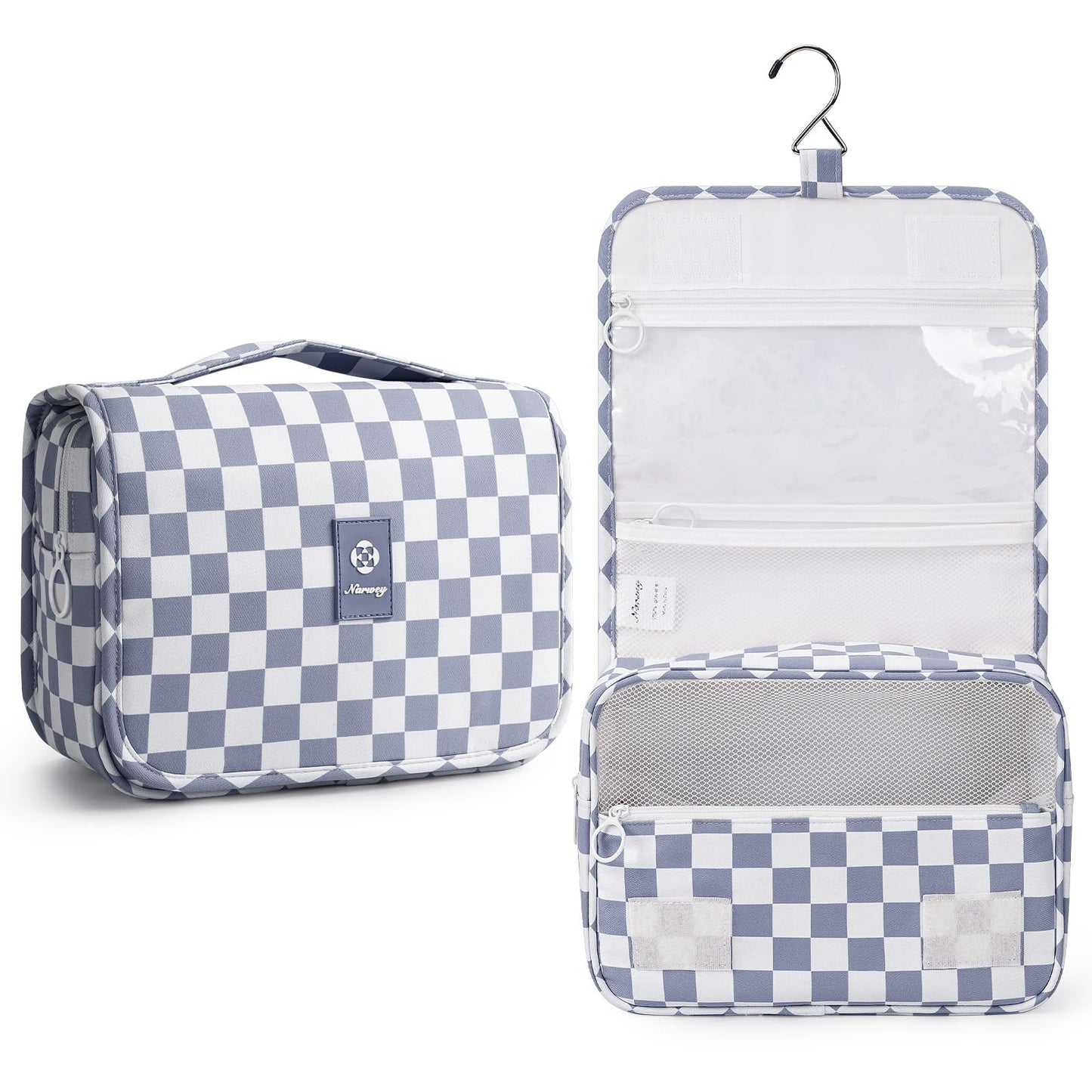 Narwey Small Hanging Travel Toiletry Bag for Traveling Women, Checkered Travel Bag for Toiletries, Makeup Bag Organizer Make Up Cosmetic Bags, Gifts for Kids Teen Girls (Grayish Blue Checkerboard)