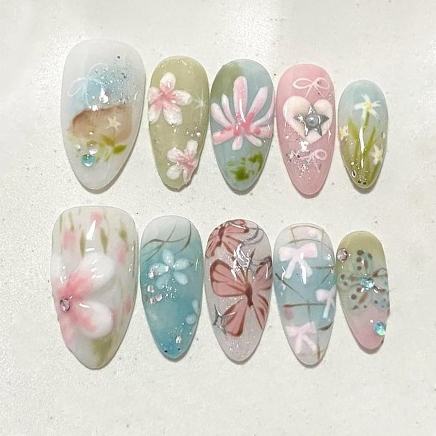 Patriotic 4th of July Press-On Nails - Short Almond French Tips | 30 Pcs Red, White & Blue with Star & Bow Designs