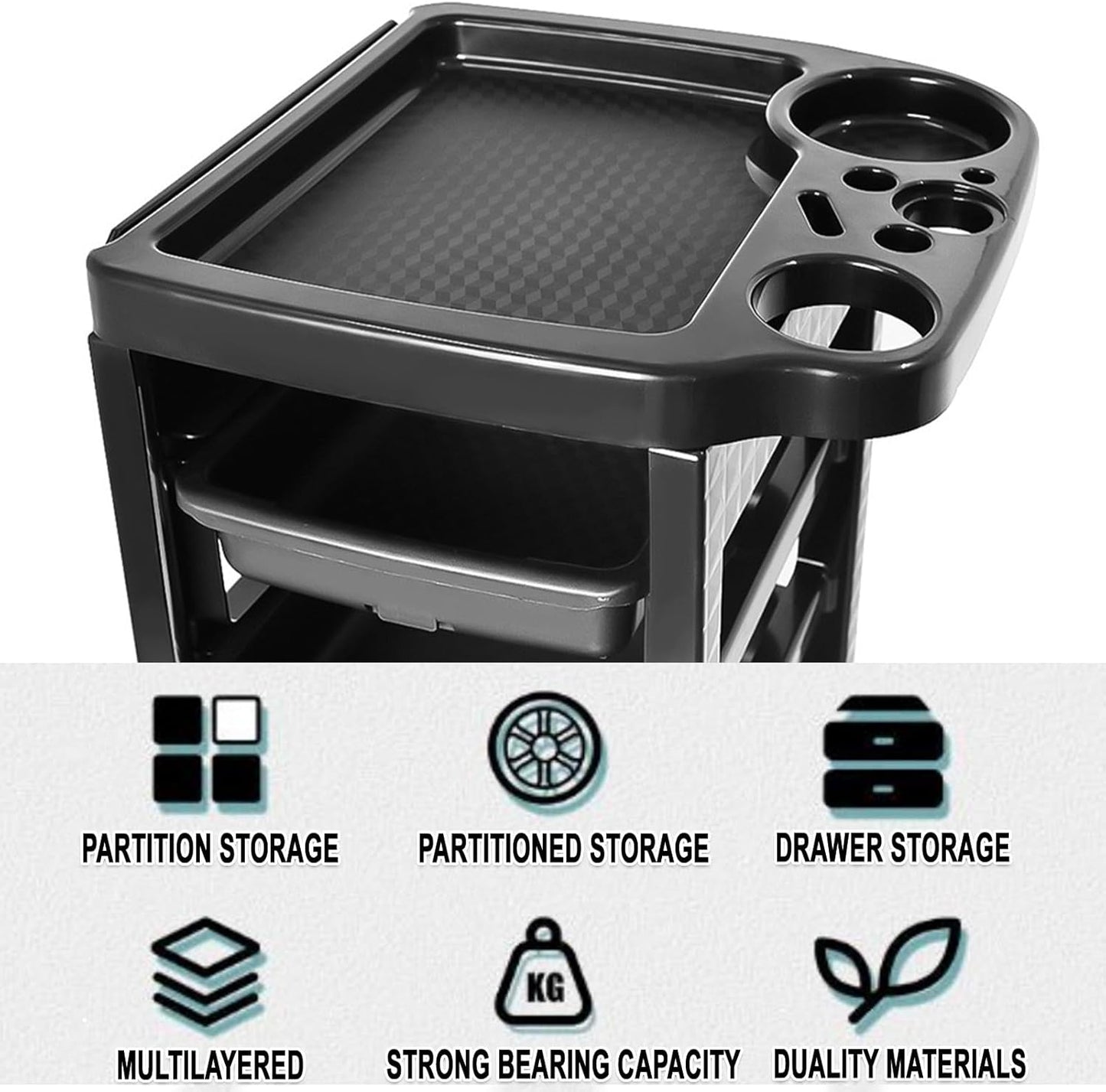 Salon Trolley Cart with Wheels - 5 Drawer Rolling Station for Hair Stylists | Black Hairdressing Equipment