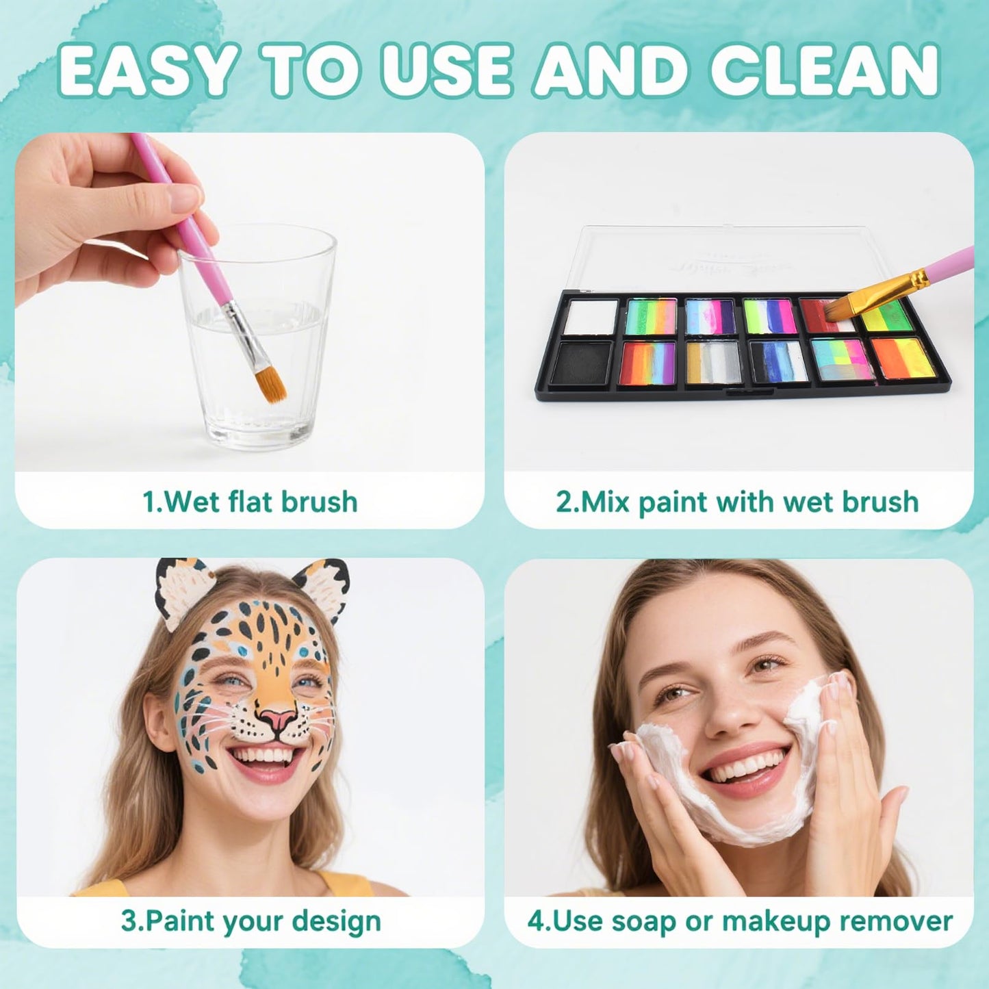 ZENTANMEI Face Painting Kit for Adults, Split Cake Face Paint Palette, Water Activated Face Paint with 4 Brushes, Safe & Quick-Dry, Perfect for Halloween Party Birthday Cosplay