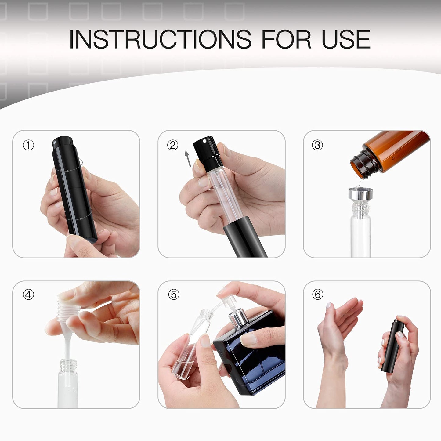 LISAPACK 8ML Atomizer Perfume Spray Bottle for Travel (2 Pack), Empty Cologne Dispenser, Portable Sprayer (Glossy Black&Silver)