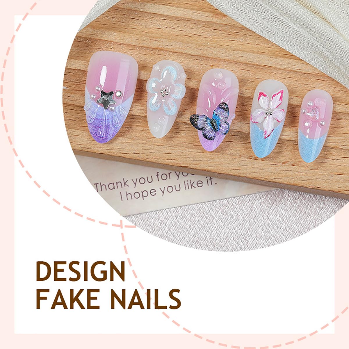 Press-On Nails - 30 Pcs Medium Almond Floral Design with 3D Butterflies & Rhinestones | Blue French Tip