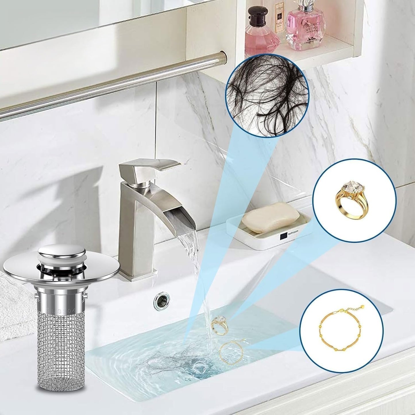 Bathroom Sink Drain Strainer with Pop Up Stopper, Stainless Steel Removable Filter Basket Hair Catcher, Anti-Clog Sink Drain Filter for Bathroom Sink (1 Pack)