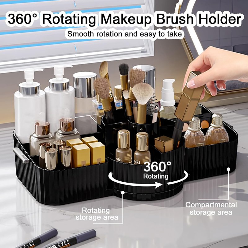 Large Makeup Brush Holder - Rotating Vintage Striped Cosmetic Organizer for Bathroom & Vanity | Black