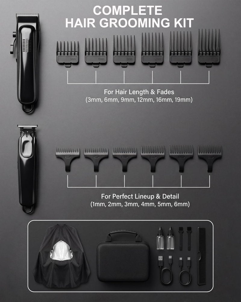 Professional Hair Clippers for Men & Zero Gapped Detail Trimmer Kit - 7000RPM Cordless Barber Set for Fades, Outlines & Edge-ups - Ceramic Blade, Invisible LED, Phone-Friendly Cape & Hard Travel Case