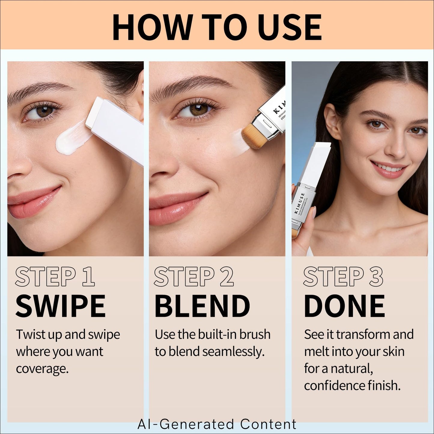 KIMUSE Color-Changing White Foundation Cream Stick, Long Lasting Color Changing Foundation, Medium to Full Coverage Stick Base Makeup, Dual-Ended with Brush