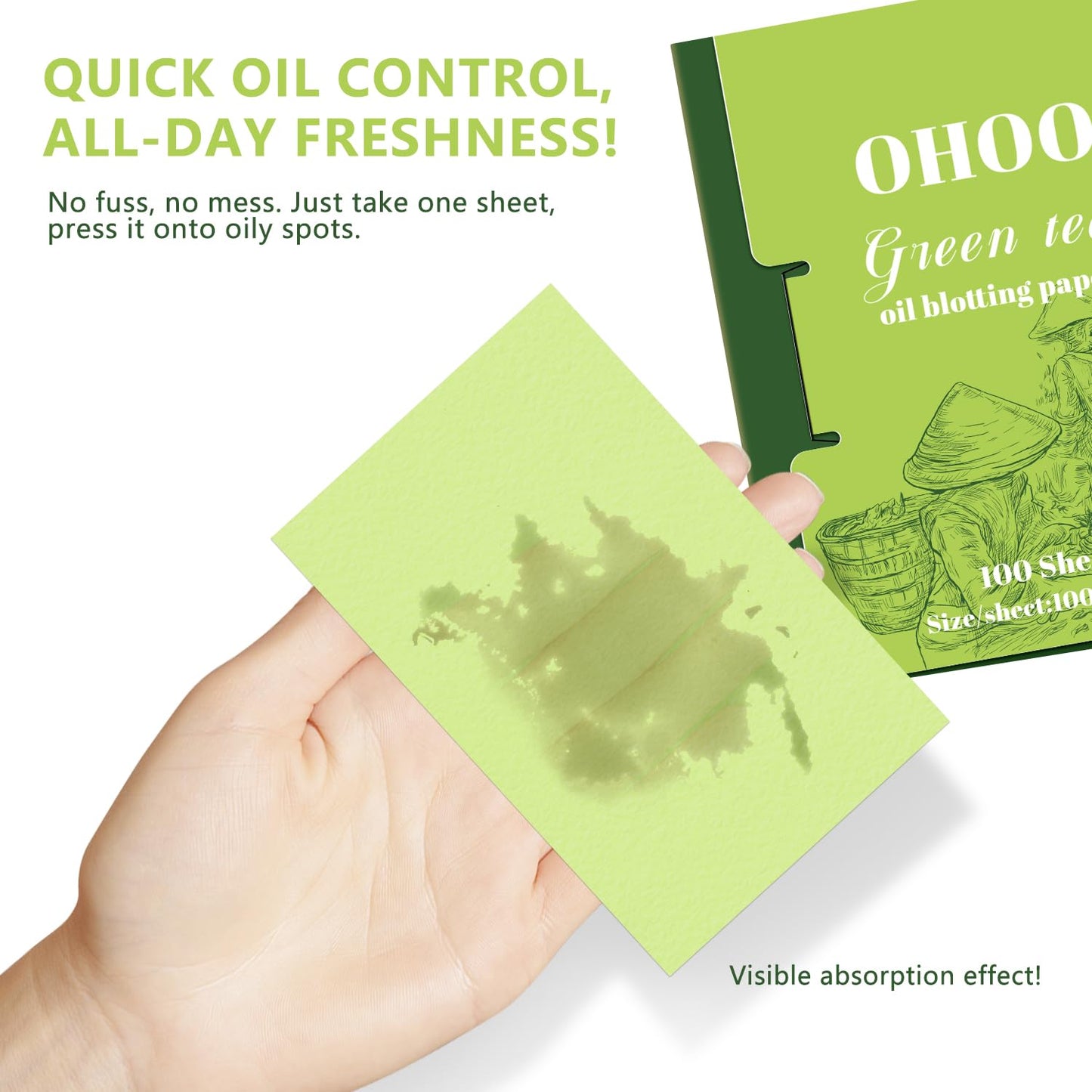 Face Oil Blotting Paper Facial Oil Absorbing Sheets for Oily Skin Face Wipes for Makeup Clean Green Tea 100 Count