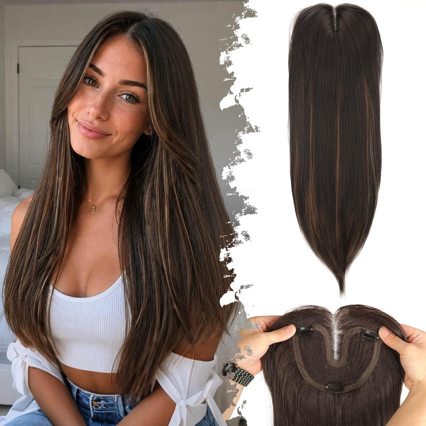 Ash Blonde Synthetic Hair Toppers with Platinum Highlights - 18" Long, 5x6" Base for Thinning Hair, Clip-In Wispy Bangs