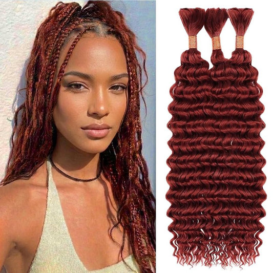 Reddish Brown Human Braiding Hair for Boho Braids 150g 12 12 12 Inch Curly Boho Hair for Braiding Knotless Color 33 Deep Wave Bulk Bohemian 3 Bundles/Pack