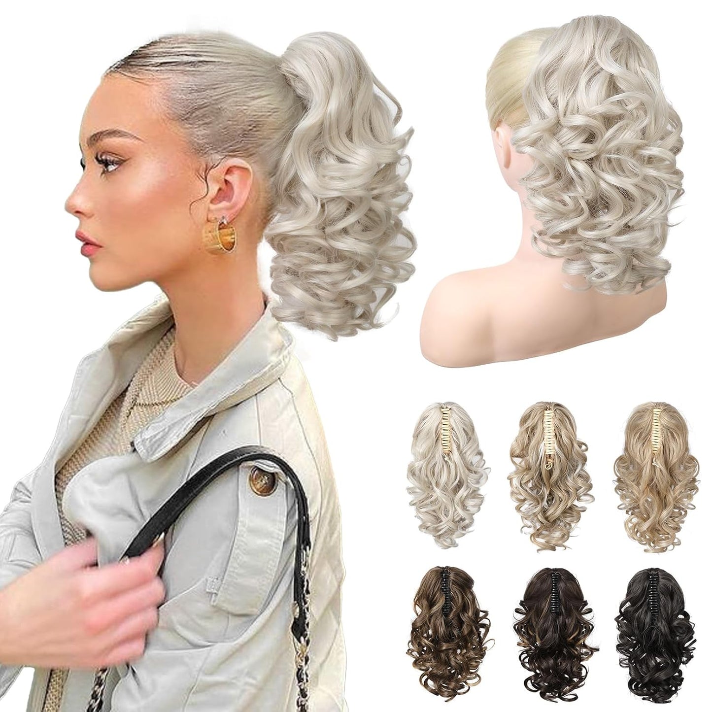 12-Inch Ponytail Extension - Classic Loose Curly Wavy Claw Clip Hairpiece for Women | Chocolate Brown with Highlights