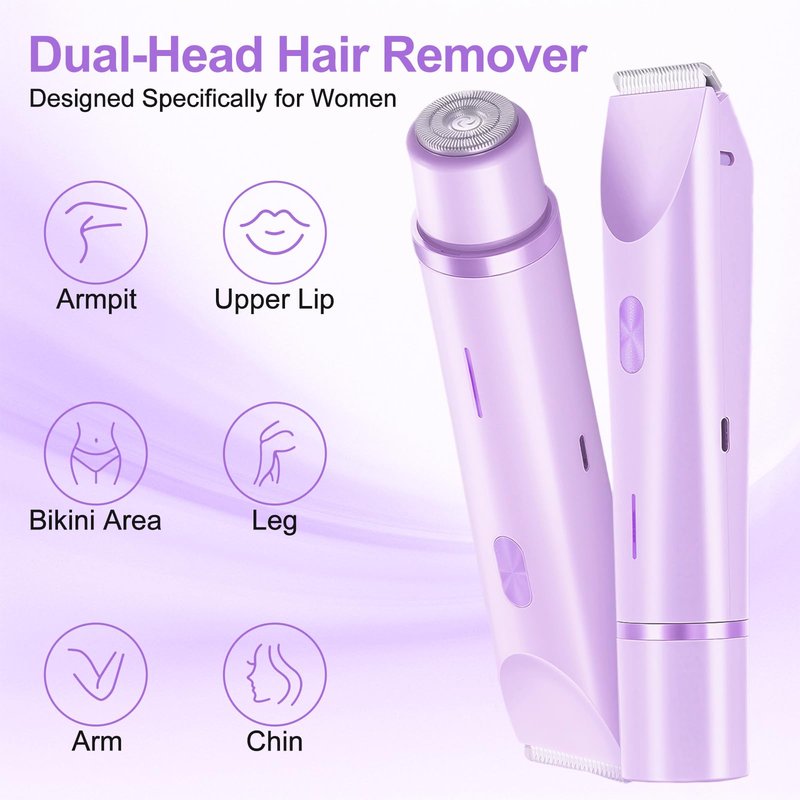 2026 New Bikini Trimmer for Women, 2 in 1 Dual Head Body Bikini Shaver, Ultra Low Silent, Painless & Cordless Hair Removal for Body, IPX7 Waterproof & Easy Cleaning for Shower & Travel (Purple)
