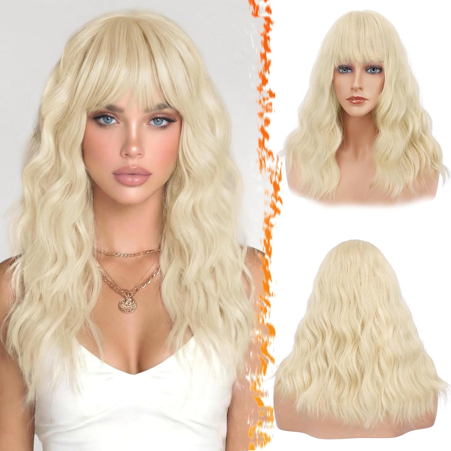 Long Wavy Blonde Curtain Bangs Wig - 26" Synthetic Ombre Wig with Dark Roots | Soft Natural Look