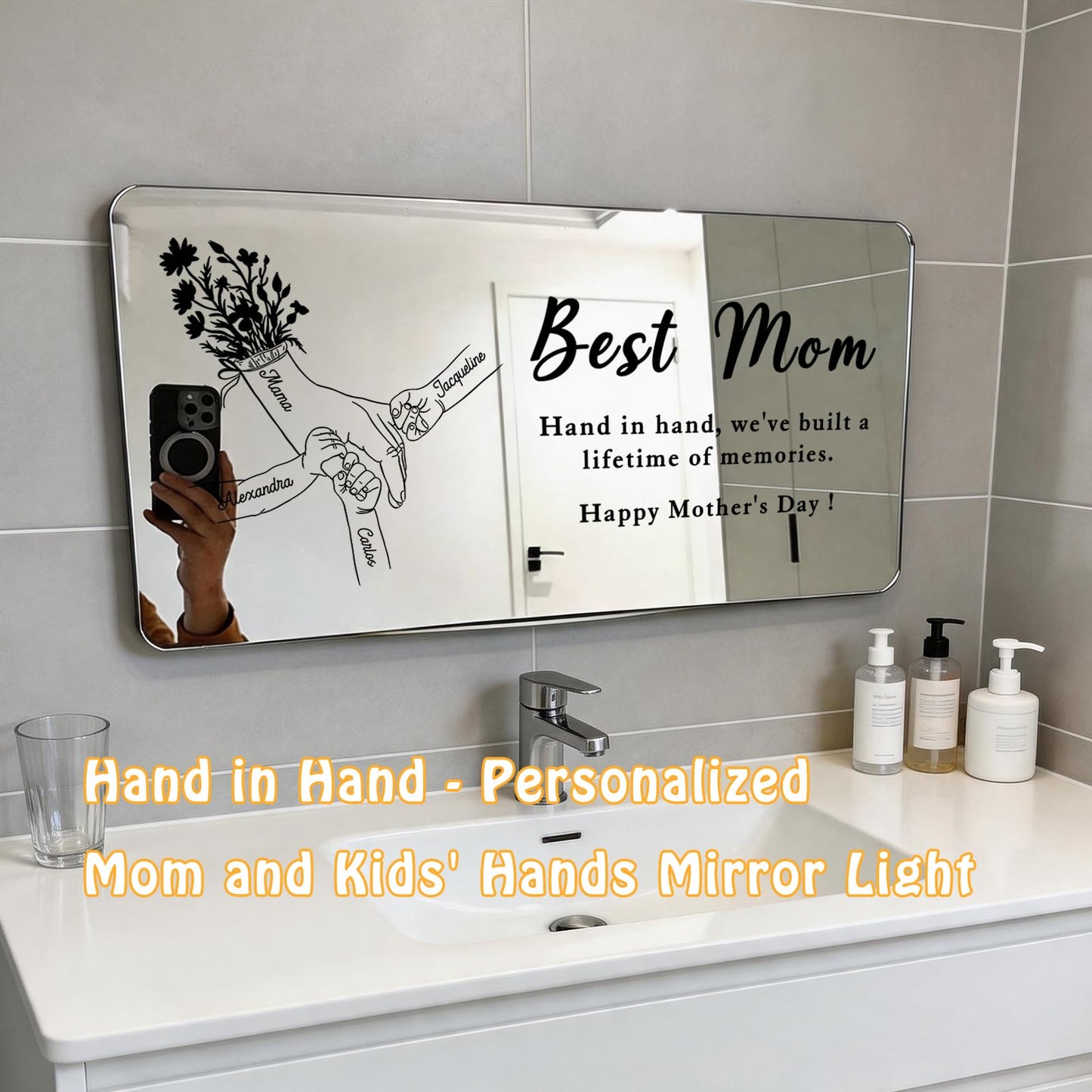 LogaPresent Hand in Hand Personalized Mom and Kids' Hands Mirror Light Custom Mommy Holding Hands Mirror with Kids Names for Mom Nana Grandma Mothers Day (Mirror-5)