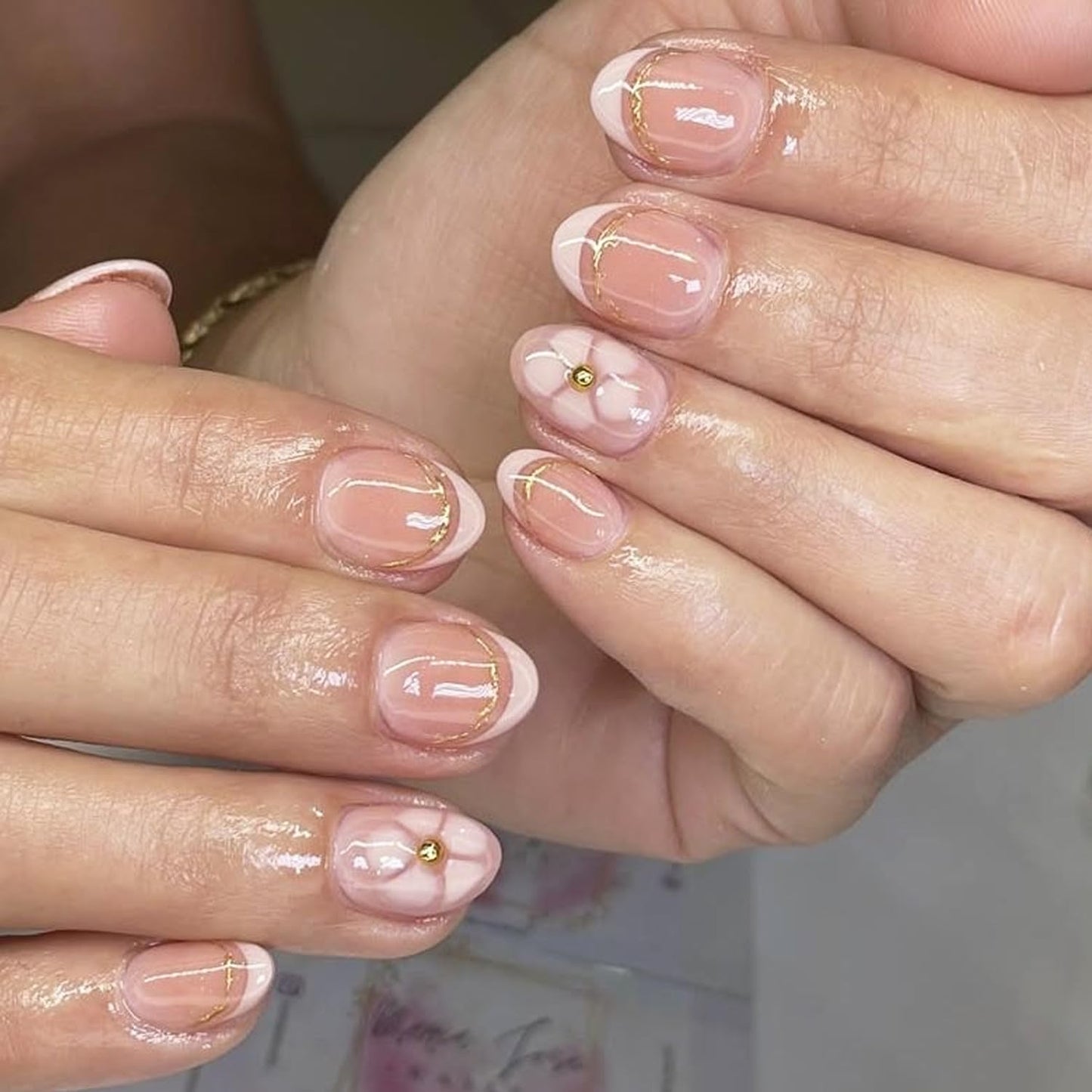 3D Pink Flower Press-On Nails - Nude Pink Gradient French Tip | Medium Almond, Reusable 30 Pcs for Weddings