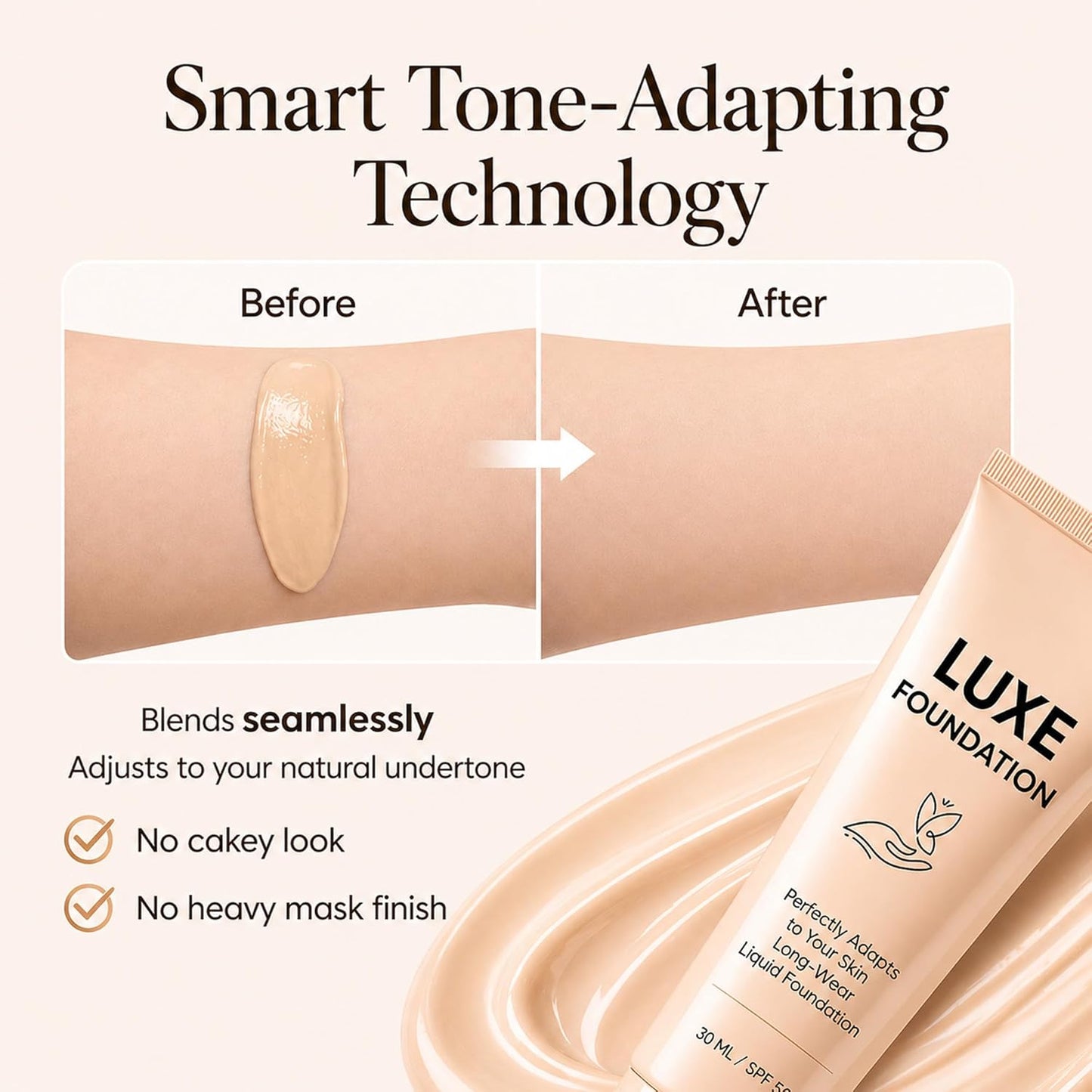 Color Changing Foundation for Women - Hyaluronic Acid & Vitamin E, Flawless Finish, SPF 50 | 30 ML