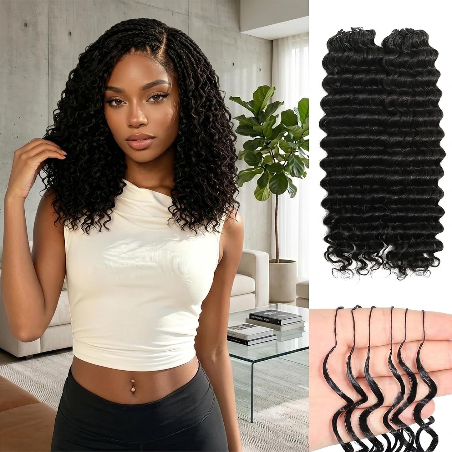 Deep Wave Crochet Hair Extensions - 18 Inch Lightweight Human Hair | 50 Strands Natural Black for Women