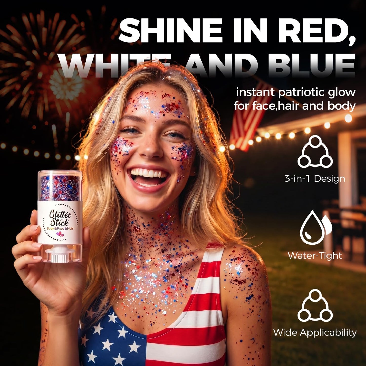 Patriotic Body Glitter Stick - Waterproof Red White Blue Face Glitter for 4th of July | 2-Pack