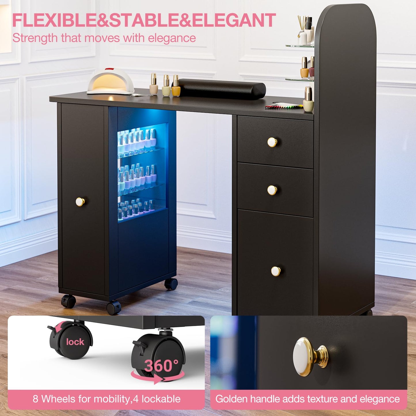 TTGIEET Professional Nail Desk for Nail Tech w/LED Light Display Cabinet, Rolling Manicure Table with Lockable Wheels, Storage Drawers, Wrist Cushion, Acetone Resistant, for Beauty Salon, Spa & Home